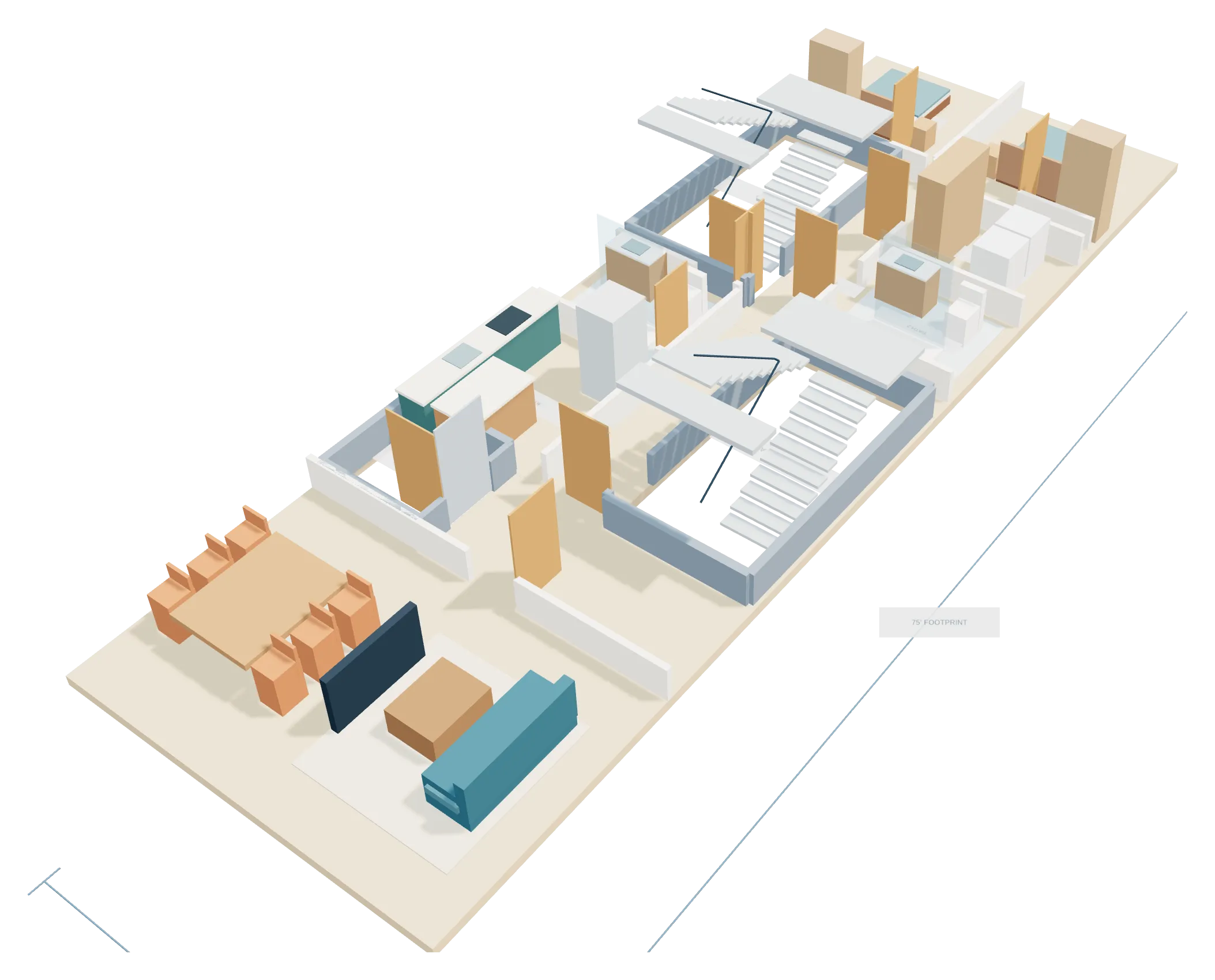 Angled view into one apartment floor with walls cut low, showing sofa, dining table, kitchen island, bathrooms and bedrooms.