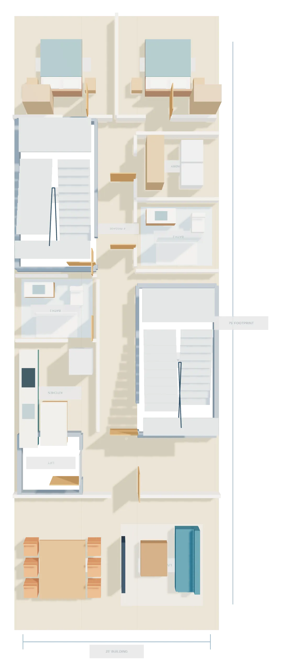 Top-down plan of one apartment floor: living and dining at the bottom, kitchen, two bathrooms, laundry, two stairs and an elevator in the middle, two bedrooms at the top.