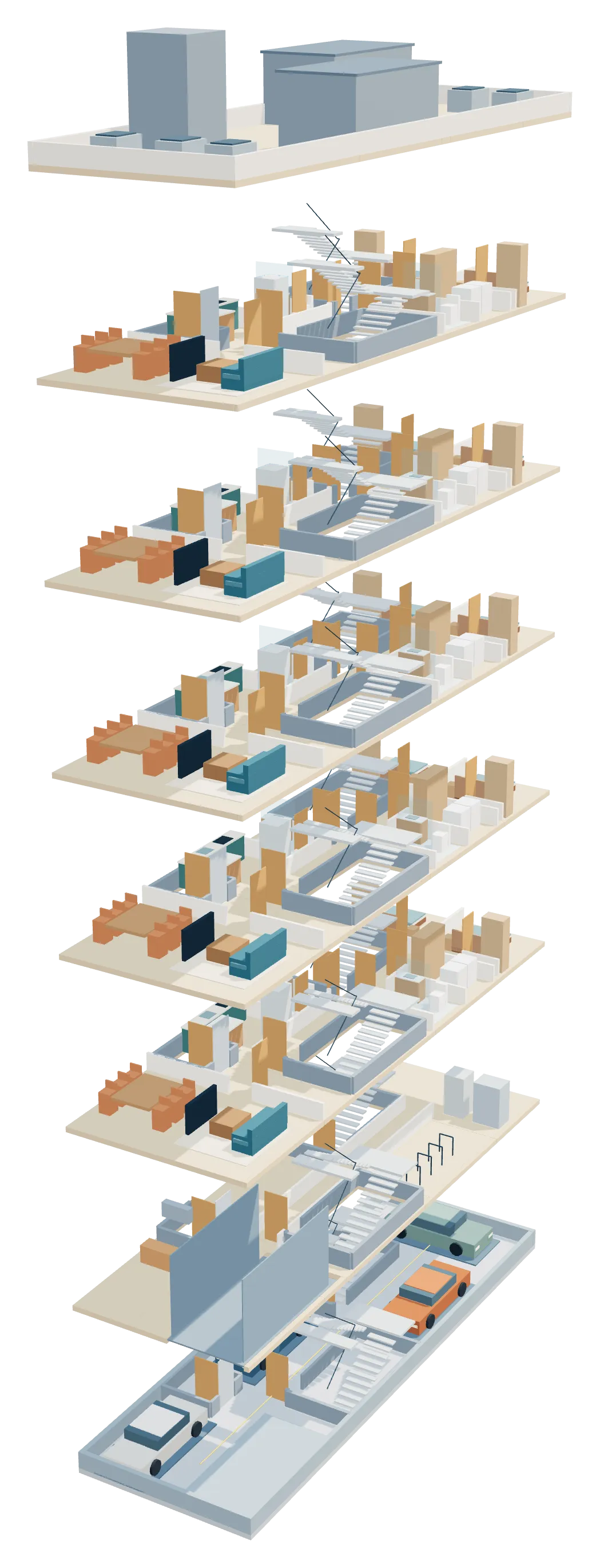 The Jersey City residential study pulled apart floor by floor: roof equipment at the top, five apartment floors with furniture, the ground-floor lobby and the basement with parked cars.