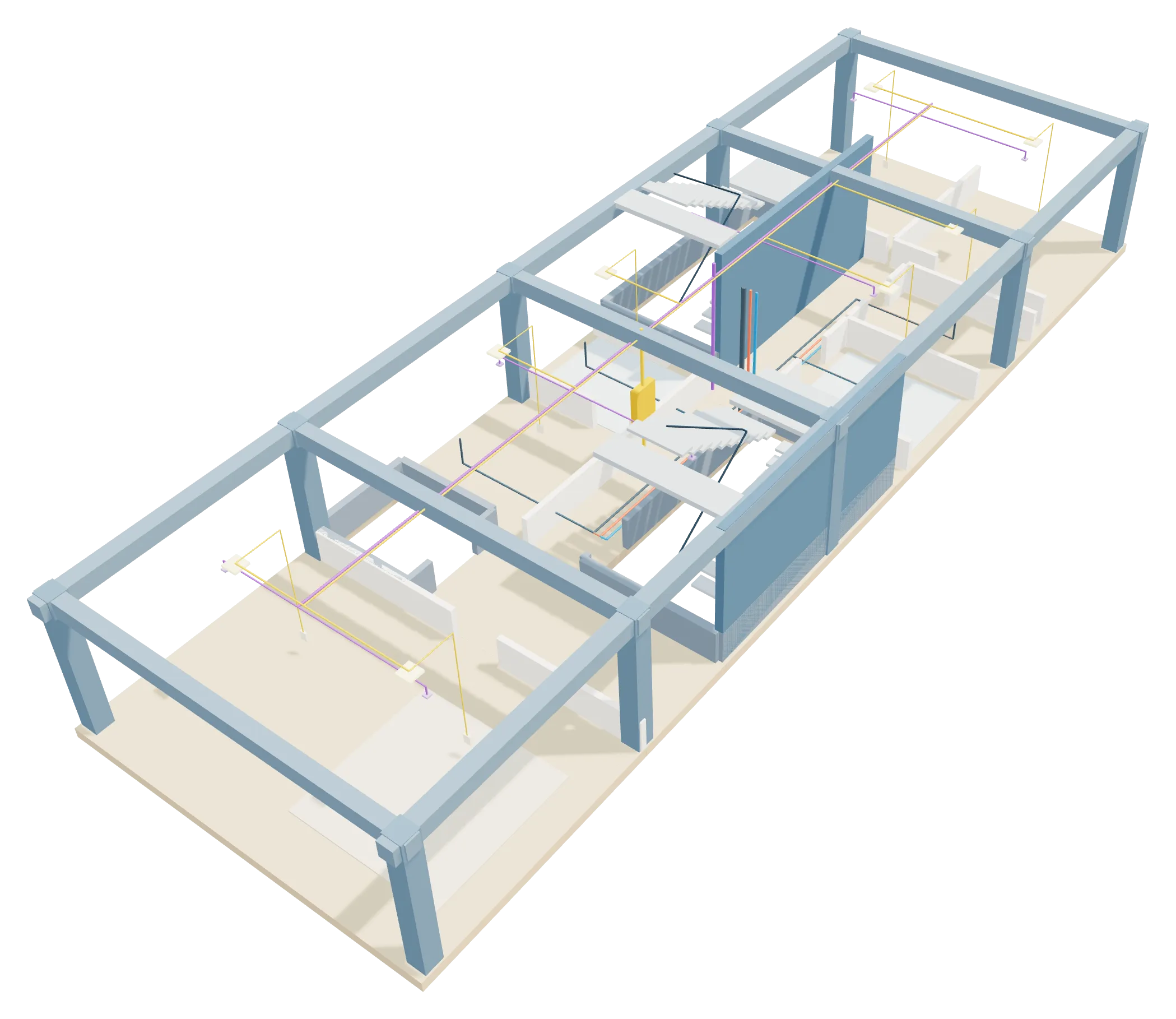 The same floor with furniture hidden and the concrete frame, water pipes, drainage, electrical runs and sprinkler lines shown in colour.