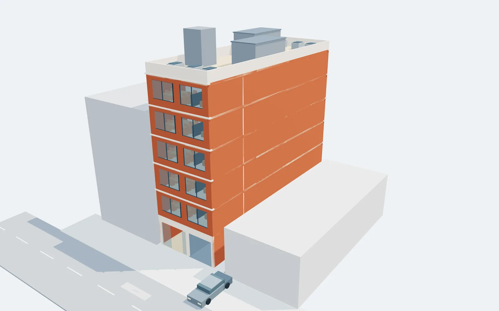 Street perspective of the six-storey residential concept: a brick and limestone facade between neighbouring buildings